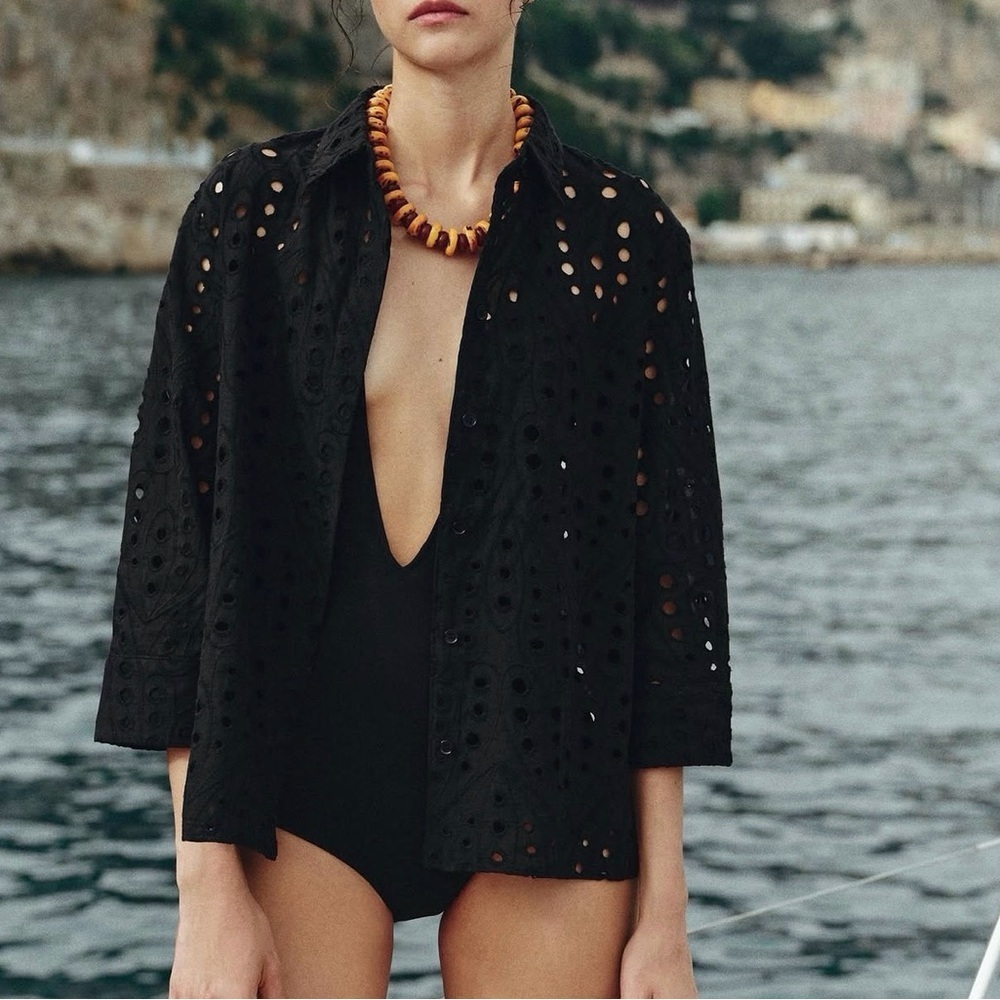 ZARA Eyelet Shirt XS Black Boho Coastal Button Up Embroidered Top